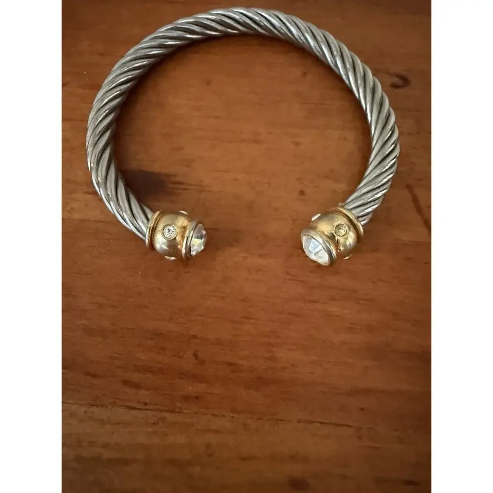 Retro Inspired Stylish Silver Rope Cuff Bracelet Gold Bar Ends Rhinestones